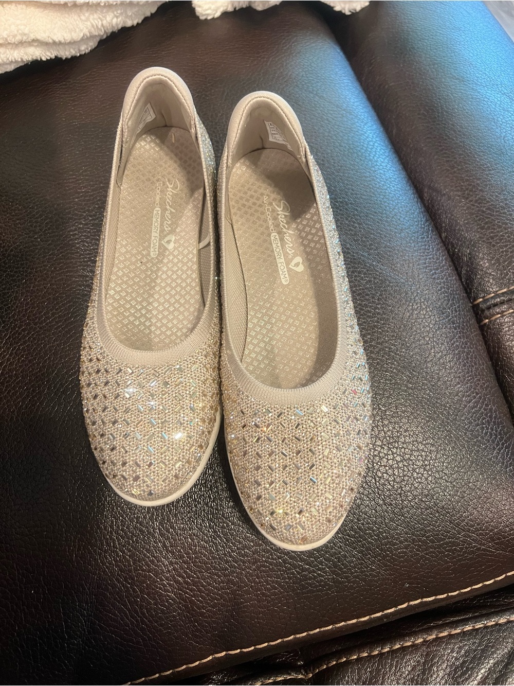 Skechers Glittery Rhinestone Slip-On Flats in Silver